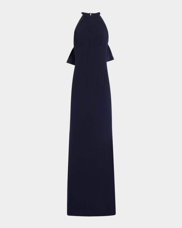 Bow-Back Crepe Halter Column Gown